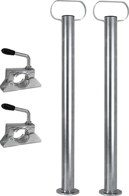 Produktbild von Trucky 2x Set Anhänger Stützen mit Klemmhalter Anhängerstützen 300 kg verzinkter Stahl 600 mm 60 cm höhenverstellbar 48 mm Abstellstützen