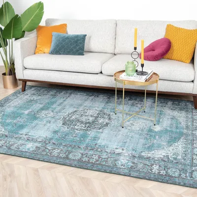 Produktbild von Volero - Teppich Vintage - Estate Medaillon Blau Grün - 80x150 cm - Wohnzimmer, Esszimmer, Schlafzimmer - Klassik, Modern, Orientalisch