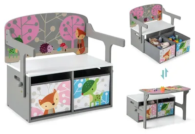 Immagine prodotto di Tavolino per bambini - Set tavolo e panca 3 in 1 - Set da salotto con vano portaoggetti - 2 cestini portaoggetti rimovibili - Legno - Grigio chiaro