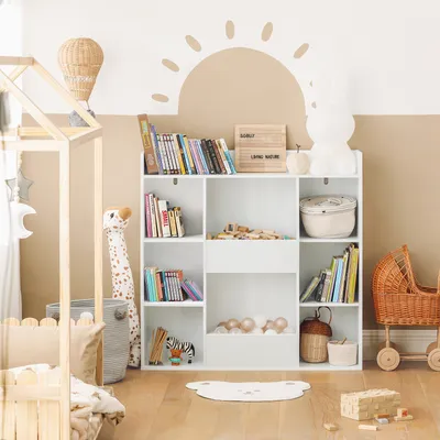 Produktbild von SoBuy Kinder Bücherregal Montessori Regal Kinderzimmer mit 8 Offenes Fach Kinderregal für Spielzeug Aufbewahrung Weiß 106x104x30 cm KMB55-W