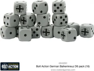A collection of dice with a Balkenkreuz symbol on some faces, arranged in stacks and rows.