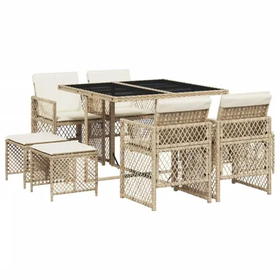 Produktbild von 9-tlg. Garten-Essgruppe mit Kissen Beige Poly Rattan