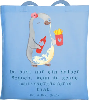Produktbild von Mr. & Mrs. Panda Tote Bag Imbissverkäuferin Herz - Sky Blue - Geschenk, Imbissbesitzerin, Witzig, Tasche, Schultasche, Lustig, Tragetasche, Spruch, Einkaufstüte