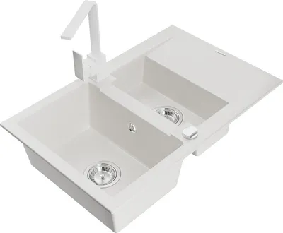 Produktbild von Mexen Gaspar 1,5-Becken-Granitspüle mit Abtropffläche und Mischbatterie Rita, Weiß - 6507-20-670300-20