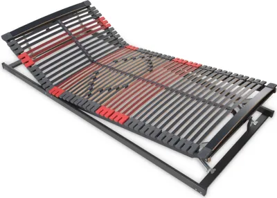 A slatted bed base is shown on a white background.