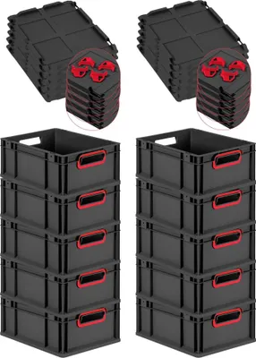 Produktbild von SuperSparSet 10x Eurobox NextGen Color mit Auflagedeckel und Schiebeschnappverschlüsse | HxBxT 17x30x40cm | 16 Liter | Schwarz | Griffe rot offen | Eurobehälter, Transportbox, Transportbehälter, Stapelbehälter