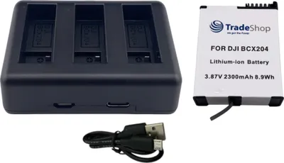 Produktbild von Trade-Shop 2in1 Set: Akku 2300mAh + USB-C LCD Dreifach-Ladegerät kompatibel mit DJI Osmo Action 3 / 4 / 5, BCX202, BCX204 / Action-Kamera Zubehör
