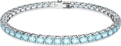 A bracelet with blue stones on a white background.
