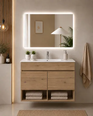 ORIGEN BATH NEBARI Hänge-Badmöbel mit Waschbecken 90x45 cm, Estepa, Image générée par une IA