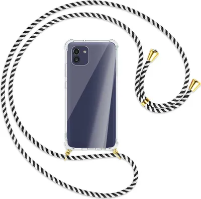 Produktbild von Handykette Backcover-Schutzhülle mit Band (Metall goldfarben) für Samsung Galaxy A03 4G - schwarz/weiß gestreift