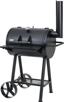 A black charcoal grill is shown against a white background.