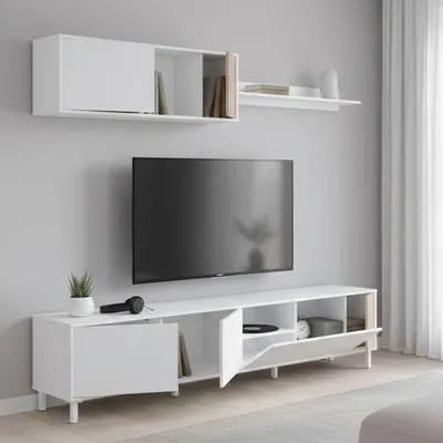 Image de Banari - Meuble TV, 200x40x45h cm Blanc, 6 Étagères