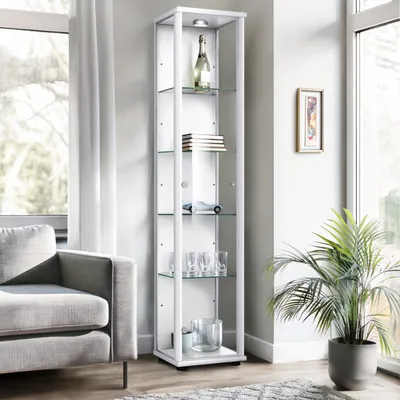 Produktbild von K-Möbel Glasvitrine stehend in Weiss (176x37x33 cm) mit 4 höhenverstellbaren Glasböden & LED - Standvitrine - Vitrinenschrank - Sammlervitrine