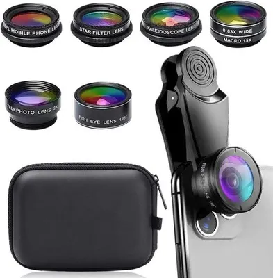 Produktbild von 7-in-1 Universelle Mobilkamera-Objektivset - Klemmbar - Für Smartphone, Tablet - Weitwinkel, Makro, Fischauge, Polarisationsfilter (Schwarz)