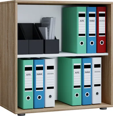 A wooden shelf unit with various binders and organizers on its shelves.