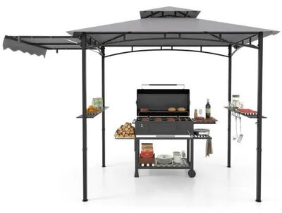 Obrázek produktu pro Grilovací pavilon s boční markýzou NP11863GR, dvojitou střechou, bočními policemi a háčky, šedý