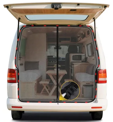 Produktbild von Moskitonetz Auto Hintertür für VW T5 T6, Magnetisch Reißverschluss, Sonnenschutz, Kofferraum Schattennetz Camping Belüftung