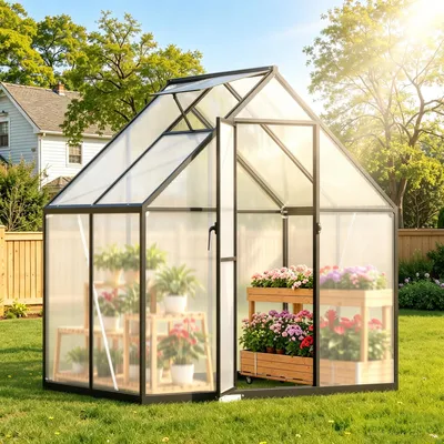 Zdjęcie produktu dla Szklarnia Ikodm, oranżeria aluminiowa, czarna rama z panelami świetlnymi o grubości 4 mm, wymiary: 123 x 180 x 195 cm