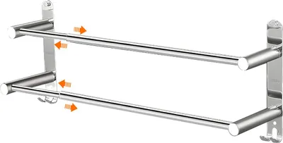Produktbild von Handtuchhalter Wand aus Edelstahl, glänzend, ausziehbar 43–75 cm, mit 2 Stangen & Haken, zum Kleben oder Bohren, für Bad & Küche