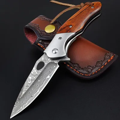 Image de Couteau pliant en damas, avec étui en cuir, manche en bois de santal, lame de 7,5 cm