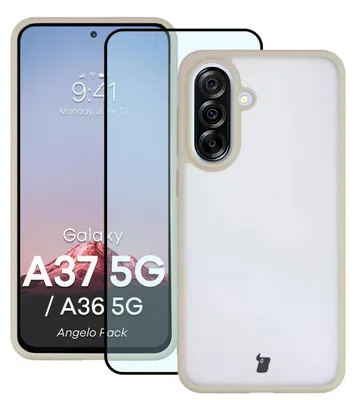 Produktbild von Schutzhülle + gehärtetem Glas für Galaxy A37 5G / A36 5G, Bizon Angelo Pack, Semitransparent mit beigem Rahmen