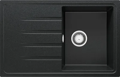 A top-down view of a black granite kitchen sink with a single basin and a drainer area with horizontal grooves.