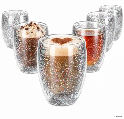 Immagine prodotto di 6 bicchieri termici in vetro, capacità 270 ml, a doppia parete, per tè, con decorazione argentata glitterata