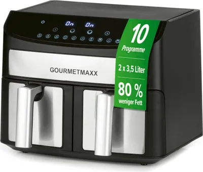 Obrázek produktu pro Gourmetmaxx 11339, Horkovzdušná fritéza, 7 l, 60 min, Dvojitý, Černá, Metalická, Dotyk
