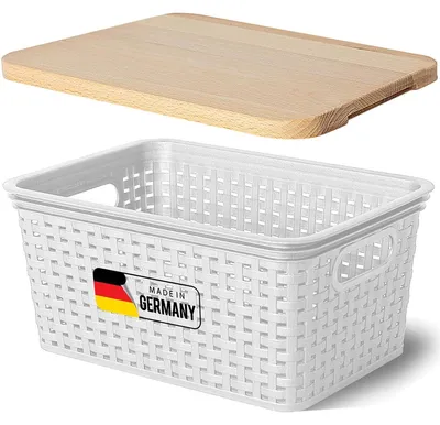 Produktbild von Novaliv Aufbewahrungsbox mit Holzdeckel Klein 5L Korb Weiß in Rattan Design Lebensmittelecht Aufbewahrungskorb Stapelbox Nestbar Kunststoff BPA-frei Kiste Verstaubbox mit Deckel
