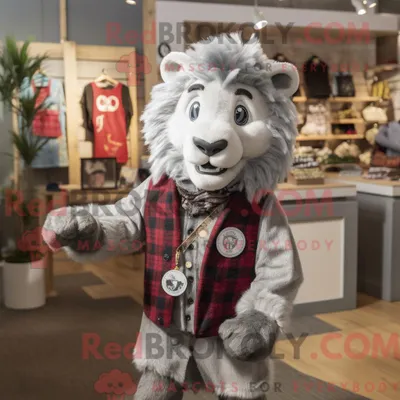 Produktbild von Silberner REDBROKOLY Löwe Maskottchen Kostüm Charakter bekleidet mit einem Flanellhemd und Ohrringen