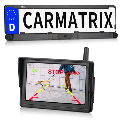 Produktbild von CARMATRIX Solar Funk Rückfahrsystem HD Rückfahrkamera im Nummernschild mit 2 PDC Sensoren Solarpanel