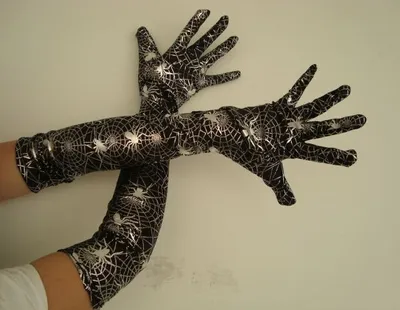 Produktbild von Langarmhandschuhe Handschuhe Langarm Handschuh Spinnen schwarz silber Spinne Halloween Horror Kostüm