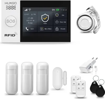 Produktbild von HUXGO HXA007 Alarmanlage Haus WiFi + GSM 4G LTE mit Sirene, Alarm System mit 3x Bewegungssensor und 1x Tür-Fenstersensor, Alarmanlage für Wohnung, Haus, Garage, Tuya Smartlife App
