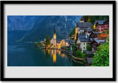 Produktbild von Bild 100x70 MDF-Rahmen Wandkunst Mountain Lake Stadt in der Nacht