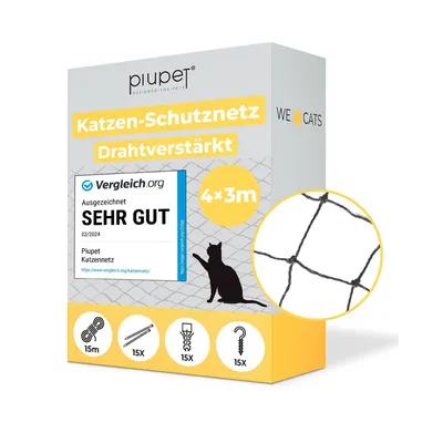 Produktbild von PiuPet® Katzennetz Drahtverstärkt I 4x3m I schwarz I Befestigungsset inklusive I Katzennetz für Balkon | Katzengitter Fenster | Katzen Fensterschutz