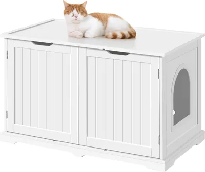 Produktbild von Yaheetech Katzentoilette , Katzenschrank mit großem Stauraum, Katzenhaus mit Einzeltür, Verdecktes Katzenklo mit Tür Katzenkissen, Kleintierhaus Holz 95 × 53,5 × 57,5 cm Weiß