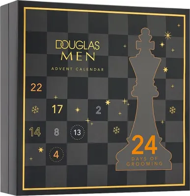 A black and gray advent calendar with a chess king silhouette and numbered doors.