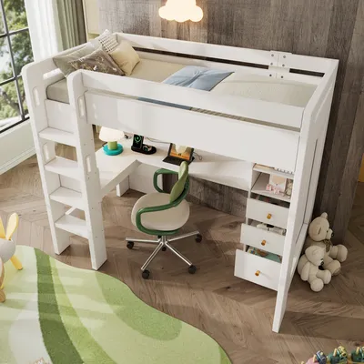 Produktbild von okwish Kinderbett  90x200,Hochbett  mit L-förmigem Schreibtisch,Jugendbett mit Regalen und Schubladen,Einzelbett mit Leiter und  Holzlattenrost,Weiß, ohne Matratze