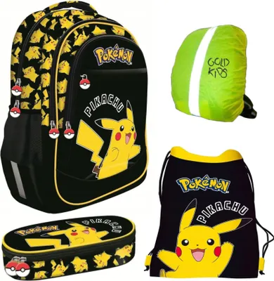 Produktbild von Goldkids - Schulranzen für Jungen und Mädchen, 4er-Set - Schul-Rucksack für Kinder mit Schlampermäppchen - Schuhbeutel und Regenschutz- Pokemon Motiv