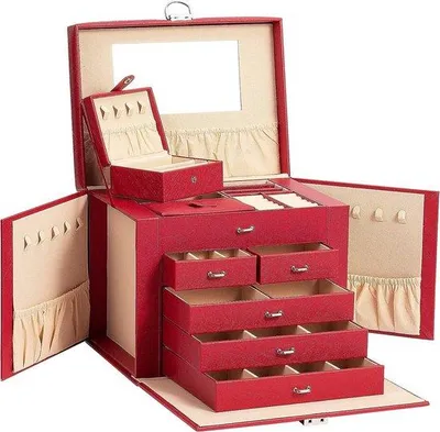 Produktbild von Famanu Schmuckbox abschließbar, 5 Ebenen mit 5 Schubladen, mit Spiegel, für Ringe, Ohrringe, Halsketten und Armbänder, rot