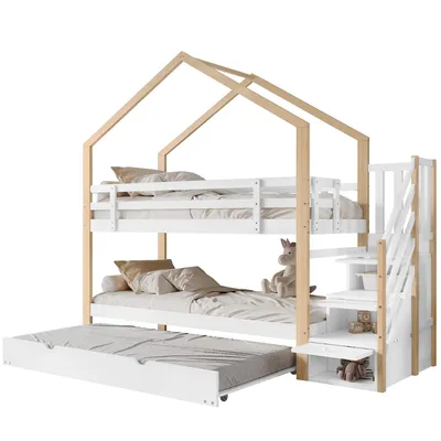 Produktbild von Etagenbett, Ausziehbares Baumhausbett, Schiebebett, Treppe mit 4 Schubladen, Kinderbett mit Absturzsicherung und Kinderbettgitter, mit Lattenroste,