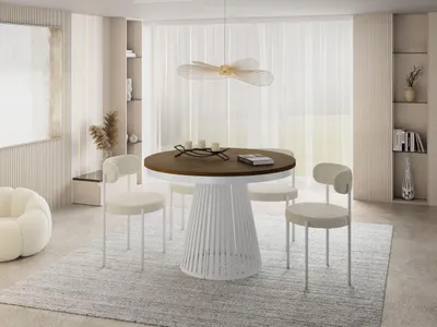 Produktbild von Esstisch Rund Ausziehbar mit Lamellen im Loft-Stil – 120 bis 200 cm – Industrieller Tisch mit Weißen Metallbeinen, Platzsparend für Wohnzimmer oder Esszimmer – Braun