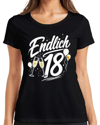 Immagine prodotto di Finalmente 18 anni, maglietta da donna nera con scritta "Finalmente 18 anni, maggiorenne", stile champagne, ironia, taglia 3XL