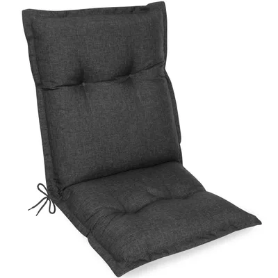 A dark gray chair cushion is shown against a white background.