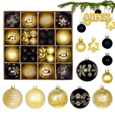 44 Weihnachtskugeln Schwarz Gold, Ø 6/4,3/3 cm, Kunststoff