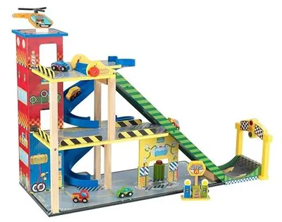 Productafbeelding van Grote houten parkeergarage met lift, garageset met racebaan, wasstraat, tankstation, 4 auto's, een helikopter, autospel voor kinderen vanaf 3 jaar, artikelnummer 63267