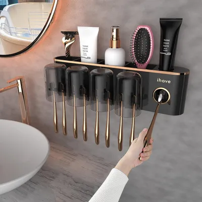Image de Porte-brosses à dents avec distributeur et 4 gobelets, noir et or, sans perçage