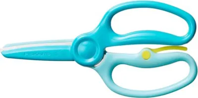 A pair of turquoise and light blue training scissors against a white background.