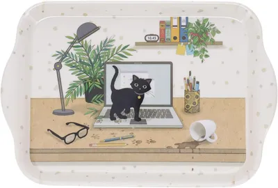 Productafbeelding van Klein melamine bordje met een katachtige afbeelding in een cartoonstijl, 21 x 14 cm