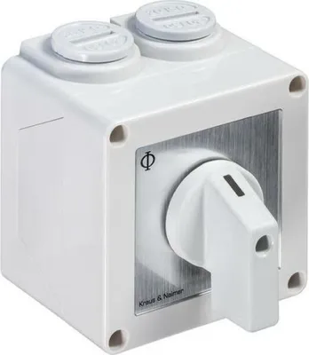 A white electrical switch in a square housing with a silver faceplate and a white rotary handle.